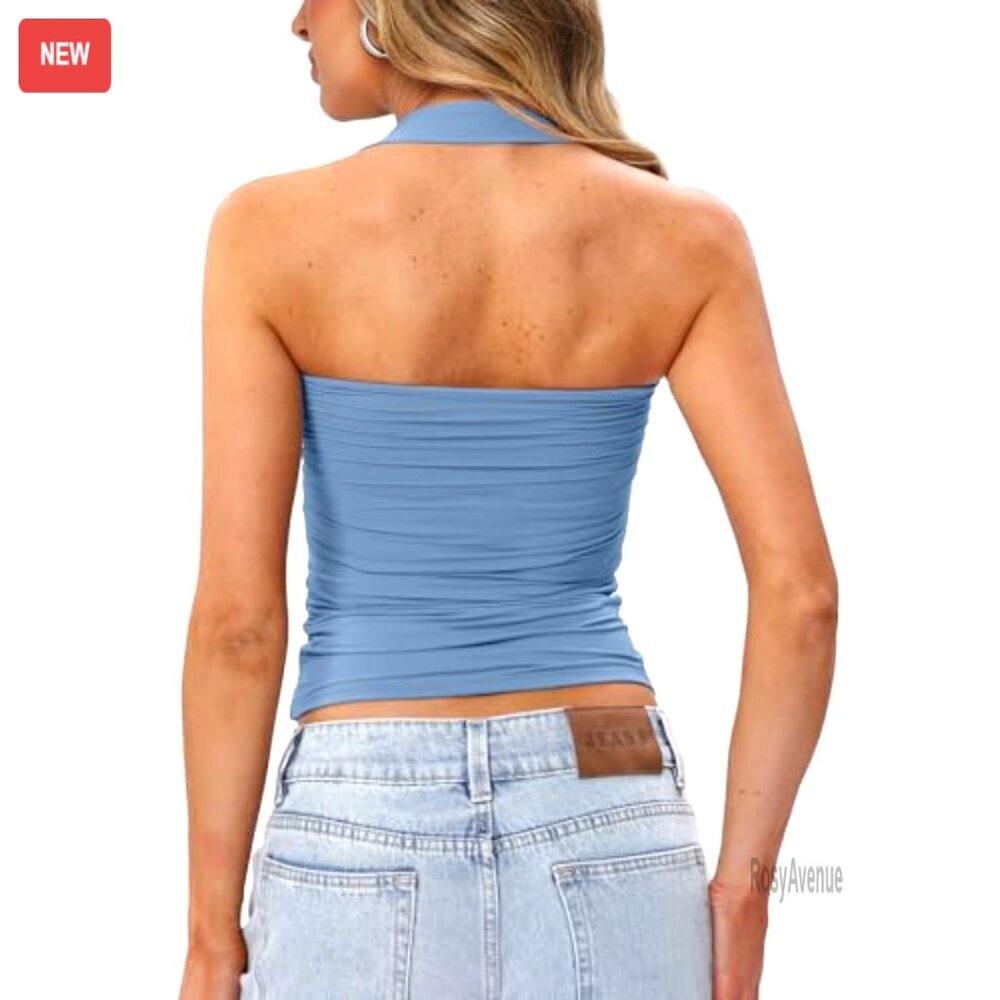 Women's Halter Tank Top with Built-in Bra, Double Lined, Backless, Y2K Style - Picture 3 of 8
